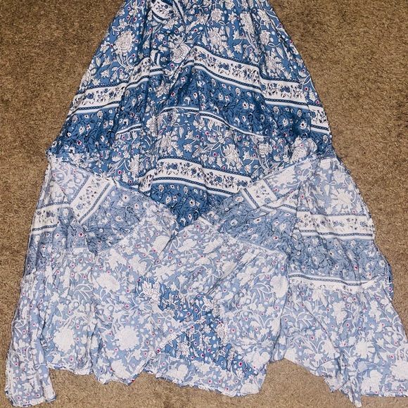 Heccpli Women’s 3/4 Sleeve Blue Floral Boho Maxi Dress Buttons and Tie Waist - Picture 10 of 14